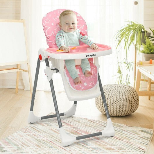 Folding Baby High Dining Chair with 6-Level Height Adjustment-Pink - Color: Pink