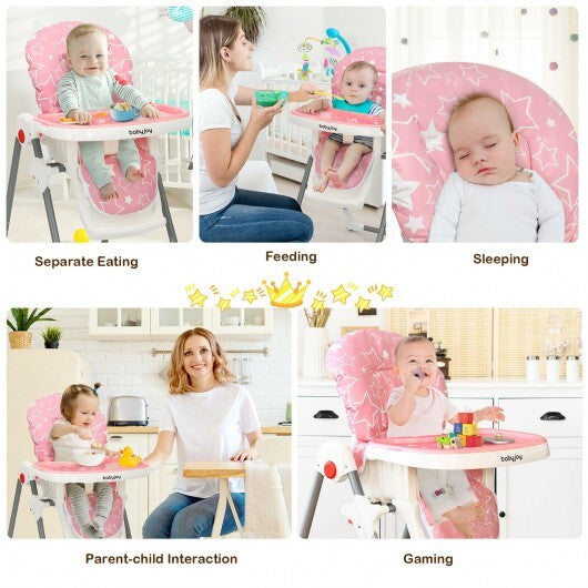 Folding Baby High Dining Chair with 6-Level Height Adjustment-Pink - Color: Pink