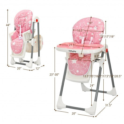 Folding Baby High Dining Chair with 6-Level Height Adjustment-Pink - Color: Pink