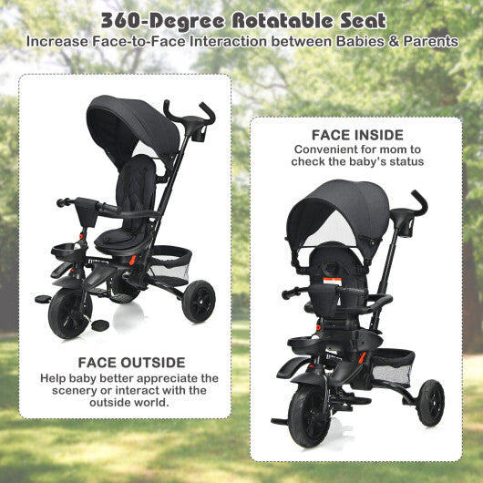 6-in-1 Detachable Kids Baby Stroller Tricycle with Canopy and Safety Harness-Black - Color: Black