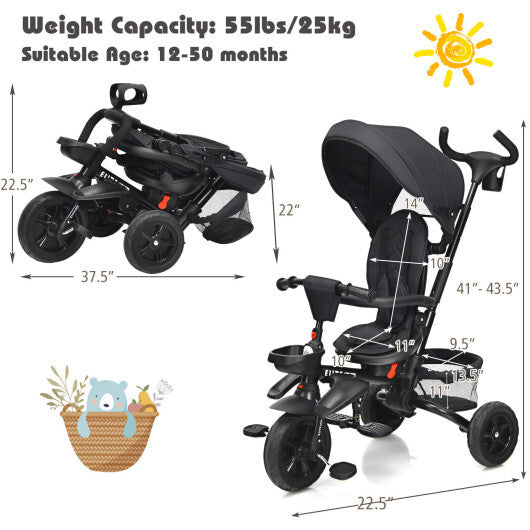 6-in-1 Detachable Kids Baby Stroller Tricycle with Canopy and Safety Harness-Black - Color: Black