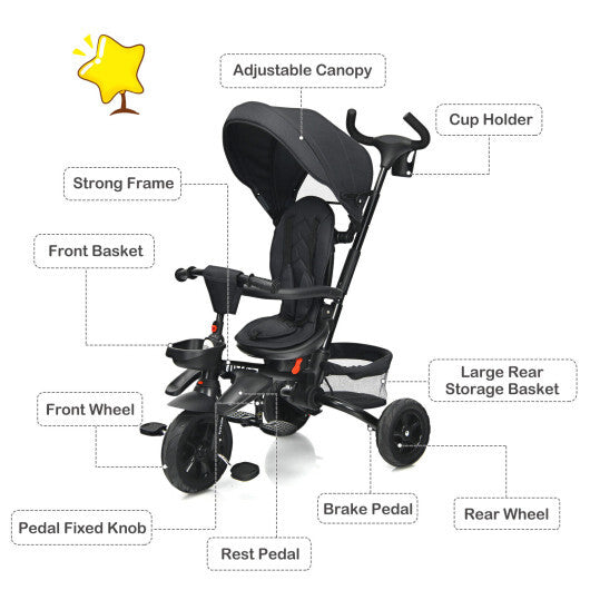 6-in-1 Detachable Kids Baby Stroller Tricycle with Canopy and Safety Harness-Black - Color: Black