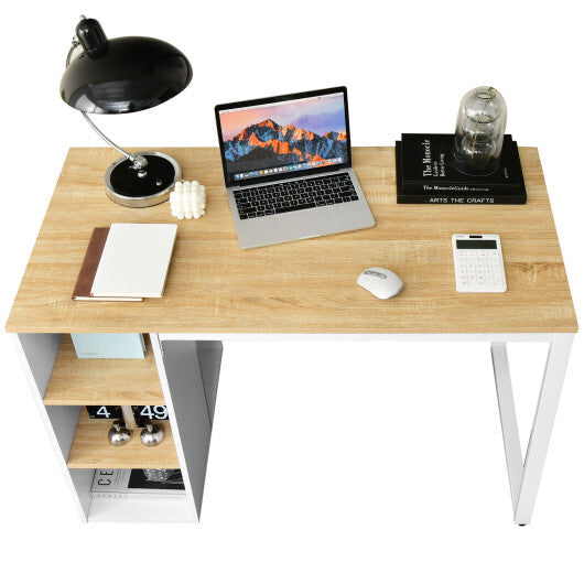 Computer Desk with 5 Side Shelves and Metal Frame - Color: Natural