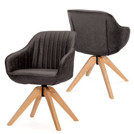 Modern Leathaire Set of 2 Swivel Accent Chair with Beech Wood Legs-Brown - Color: Brown