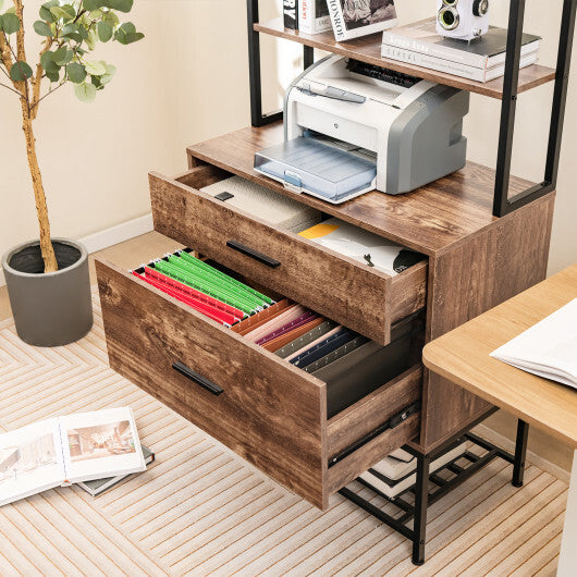 Freestanding File Cabinet with Charging Station and 3-Tier Open Shelves-Rustic Brown