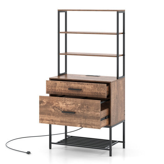 Freestanding File Cabinet with Charging Station and 3-Tier Open Shelves-Rustic Brown