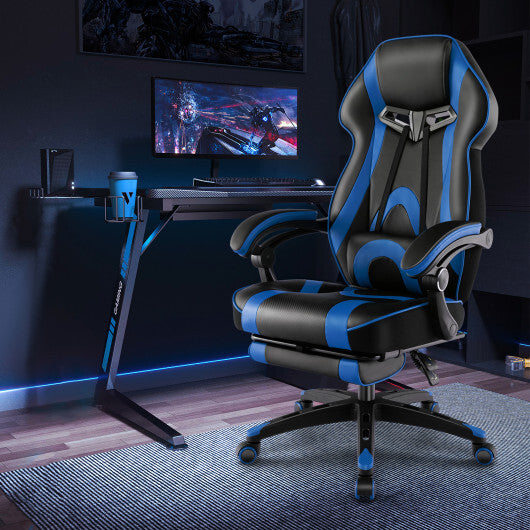 Gaming Chair Racing Style Swivel Chair with Footrest and Adjustable Lumbar Pillow-Blue