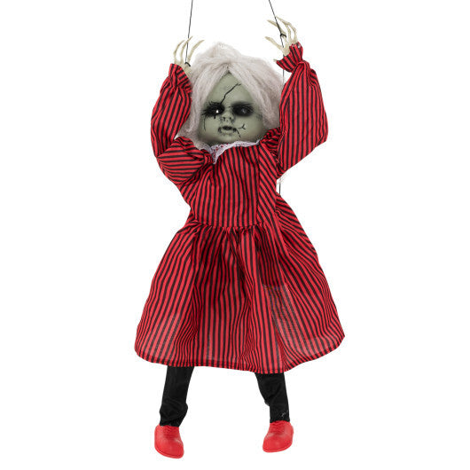 2.8 FT Halloween Animated Creepy Doll on a Swing with Pre-Recorded Phrases and LED Glowing Eyes