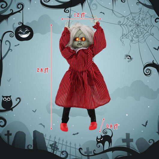 2.8 FT Halloween Animated Creepy Doll on a Swing with Pre-Recorded Phrases and LED Glowing Eyes