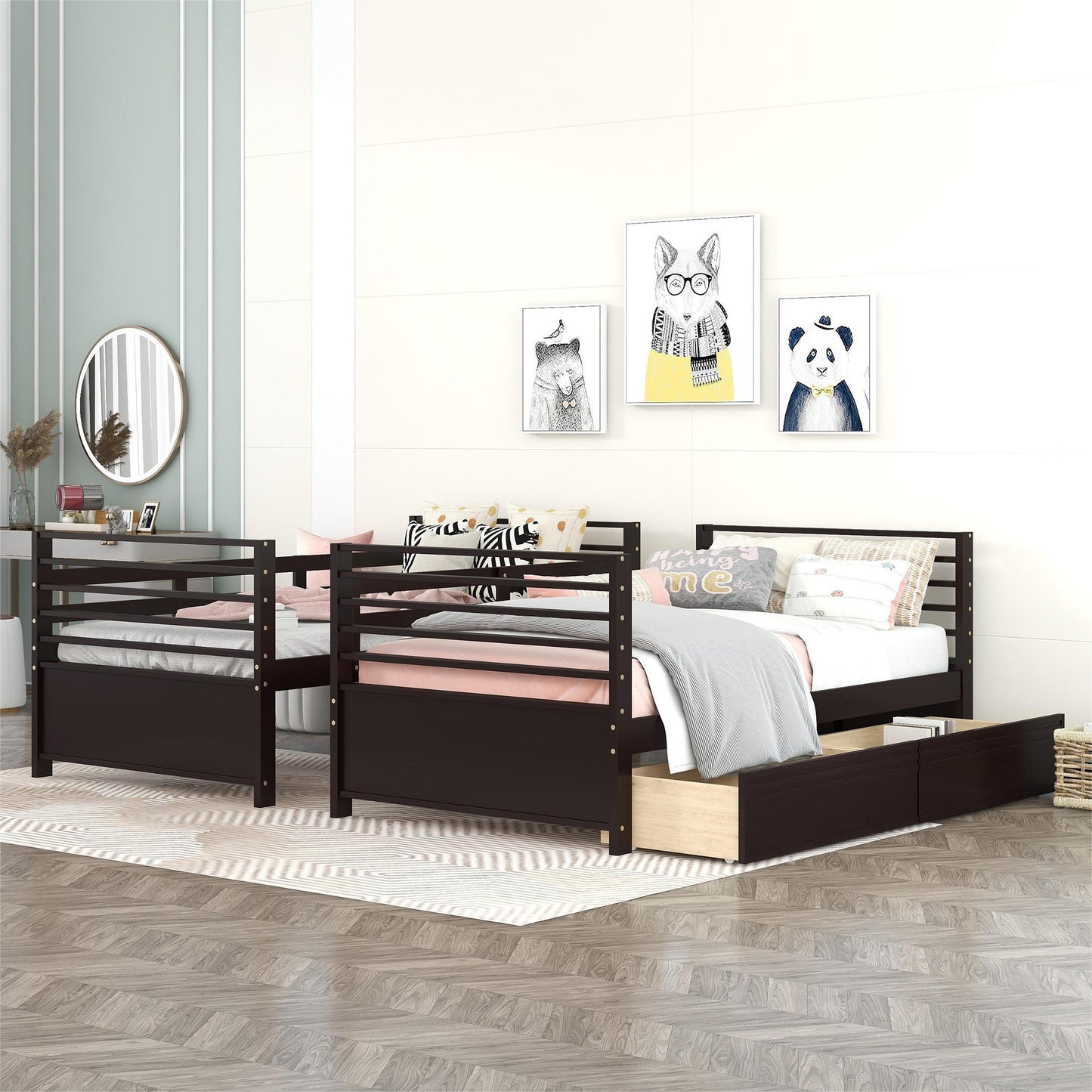 Twin over Twin Wood Bunk Bed with Two Drawers - Espresso