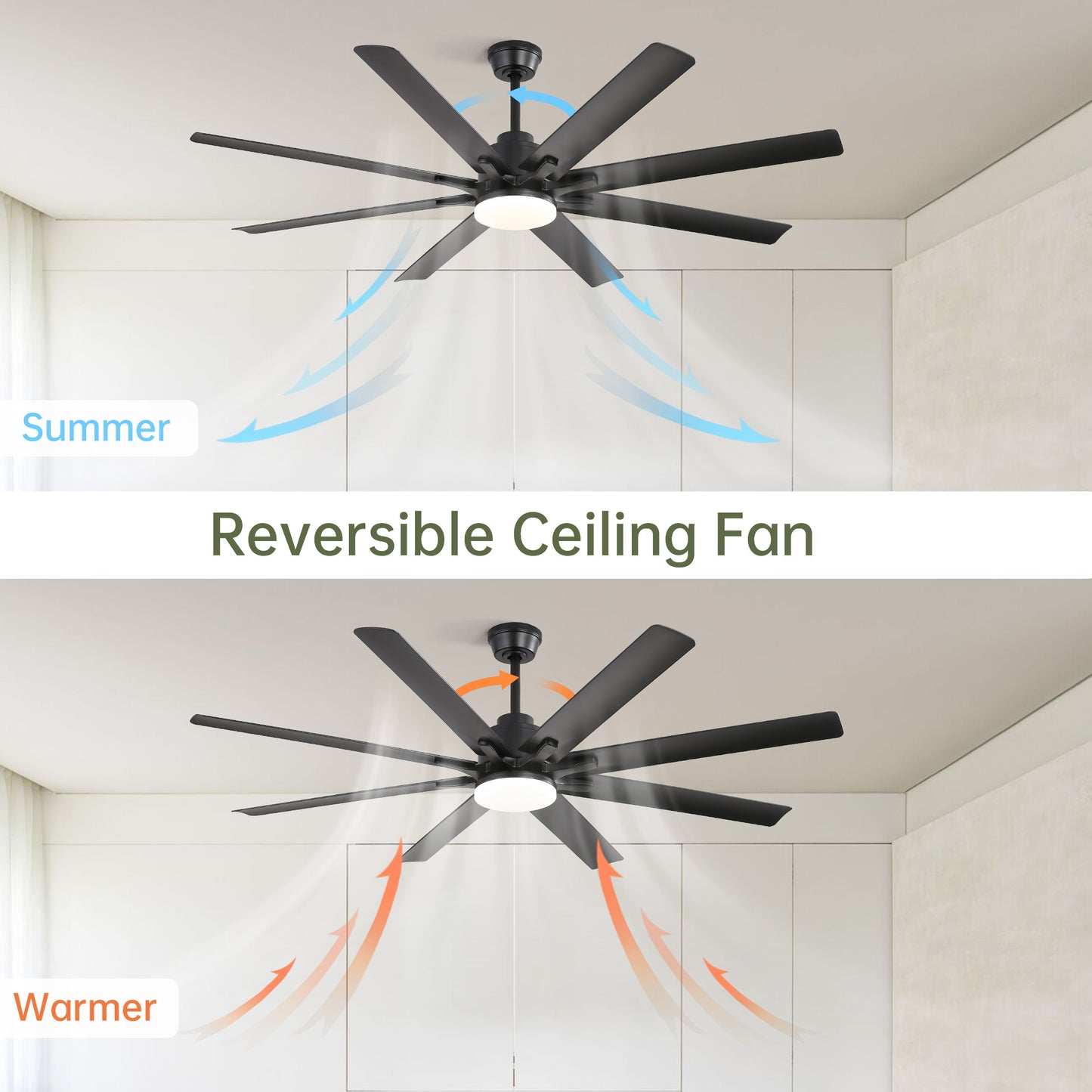 66 Inch Modern Ceiling Fan With Dimmable Led Light 8 ABS Blades Smart Remote Control Reversible DC Motor Black For Home Office