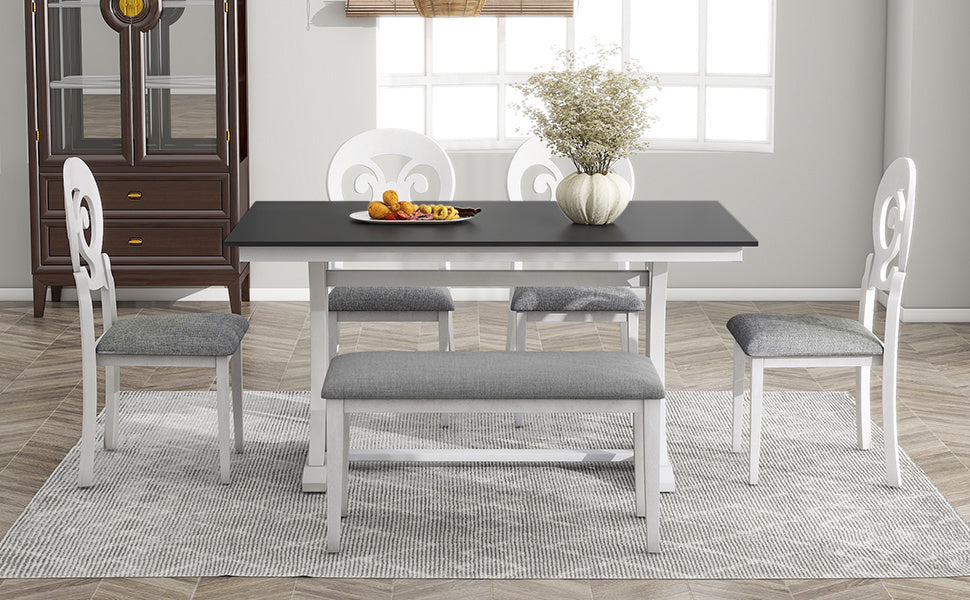 TOPMAX Mid-Century 6-Piece Trestle Table Set with Victorian Round Upholstered Dining Chairs and Long Bench, Gray+Antique White