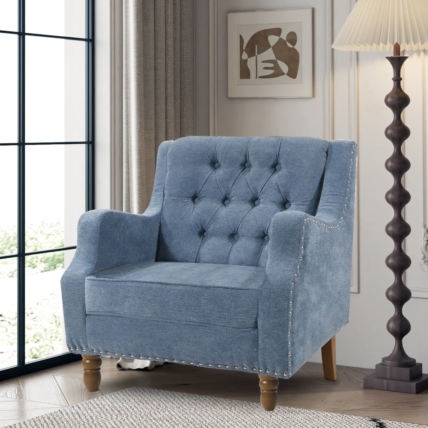 Blue Accent Chair, Living Room Chair, Footrest Chair Set with Vintage Brass Studs, Button Tufted Upholstered Armchair for Living Room, Comfy Reading Chair for Bedroom, Reception Room