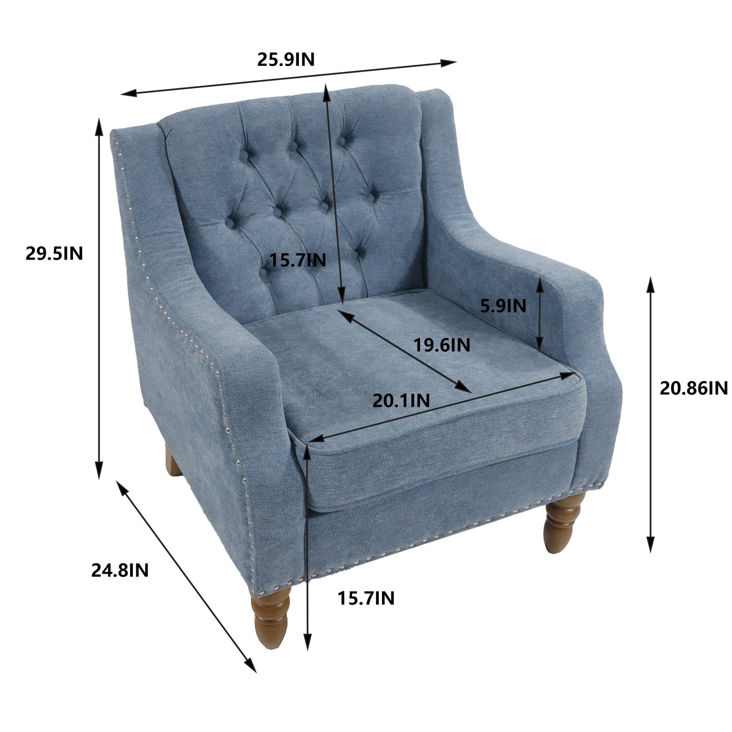 Blue Accent Chair, Living Room Chair, Footrest Chair Set with Vintage Brass Studs, Button Tufted Upholstered Armchair for Living Room, Comfy Reading Chair for Bedroom, Reception Room