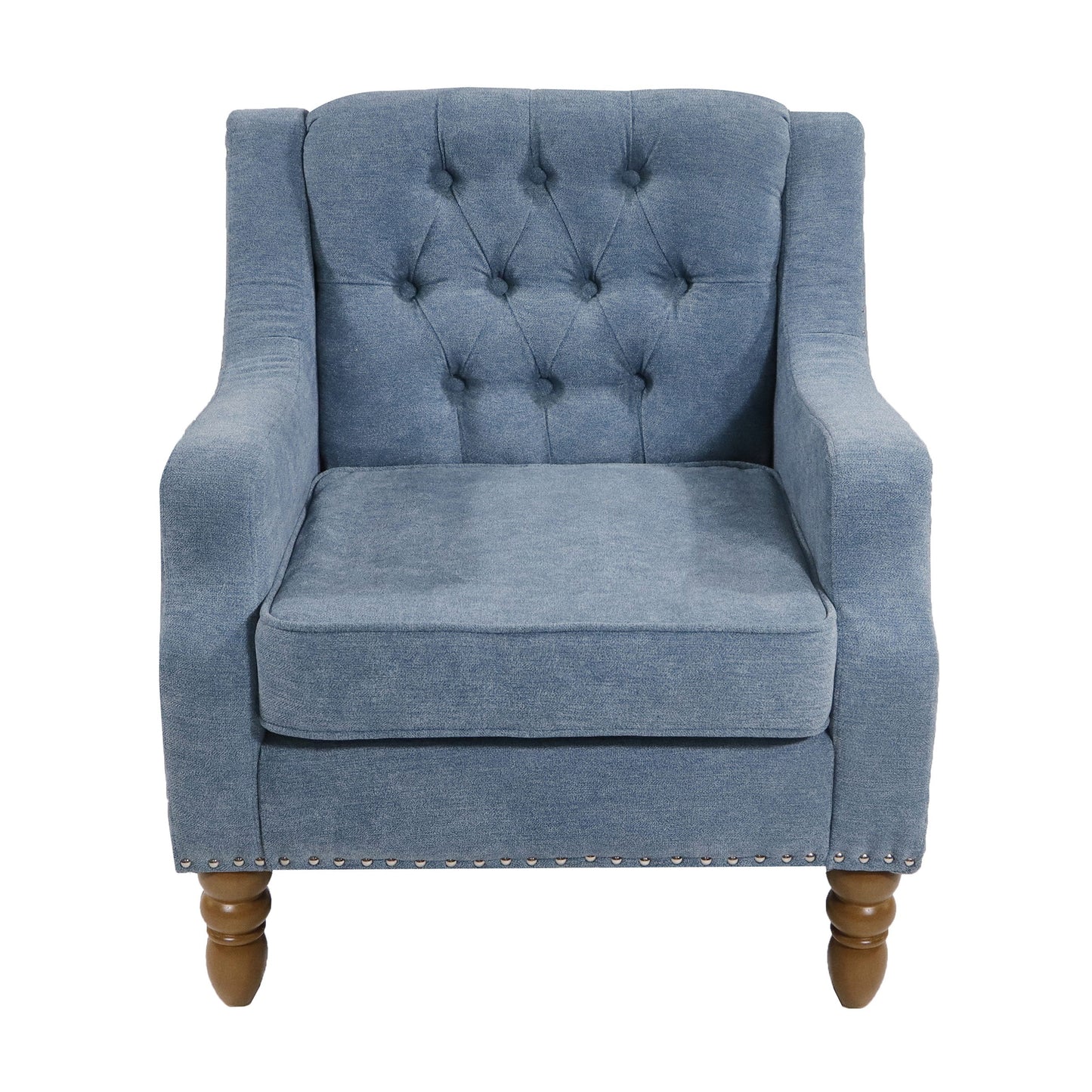 Blue Accent Chair, Living Room Chair, Footrest Chair Set with Vintage Brass Studs, Button Tufted Upholstered Armchair for Living Room, Comfy Reading Chair for Bedroom, Reception Room