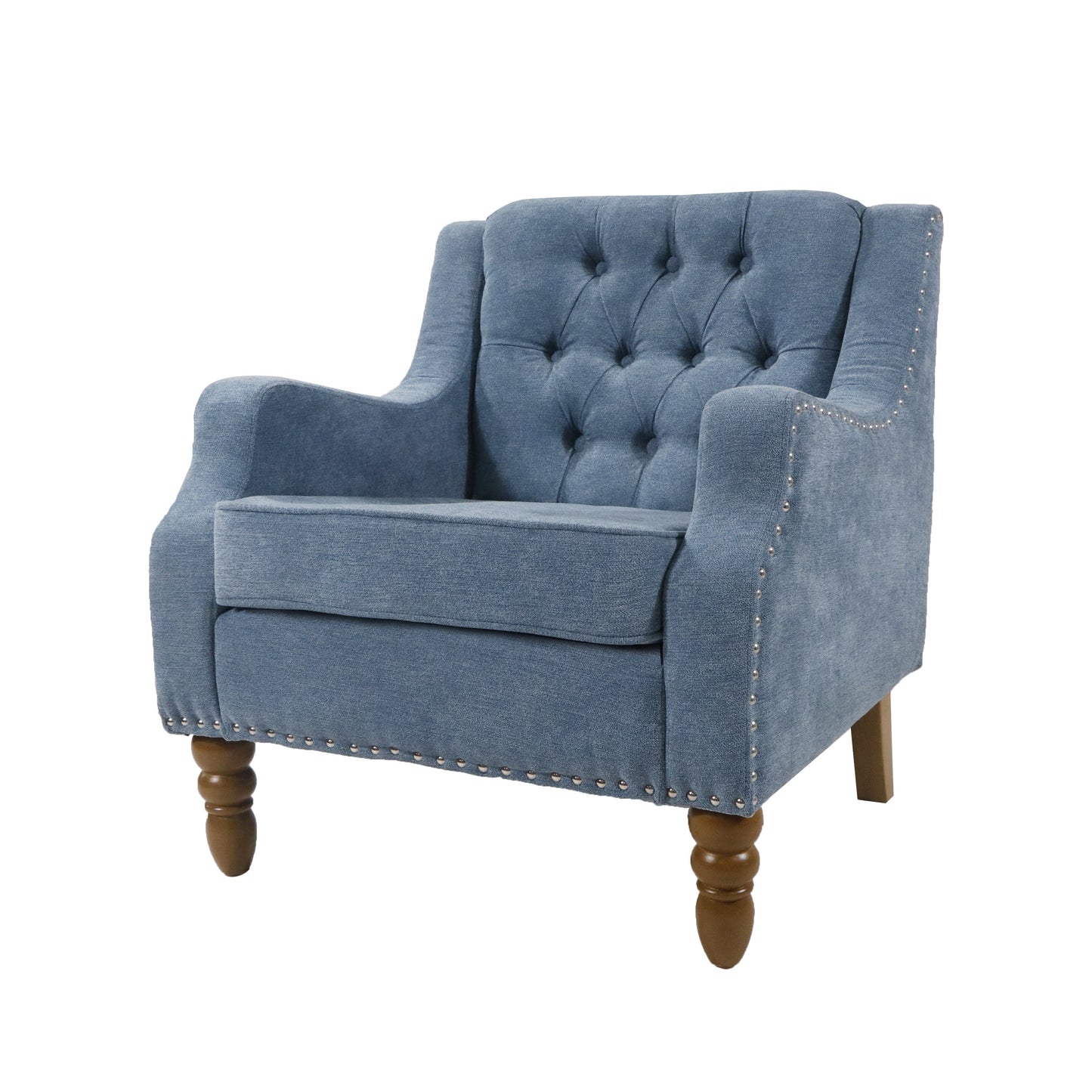 Blue Accent Chair, Living Room Chair, Footrest Chair Set with Vintage Brass Studs, Button Tufted Upholstered Armchair for Living Room, Comfy Reading Chair for Bedroom, Reception Room