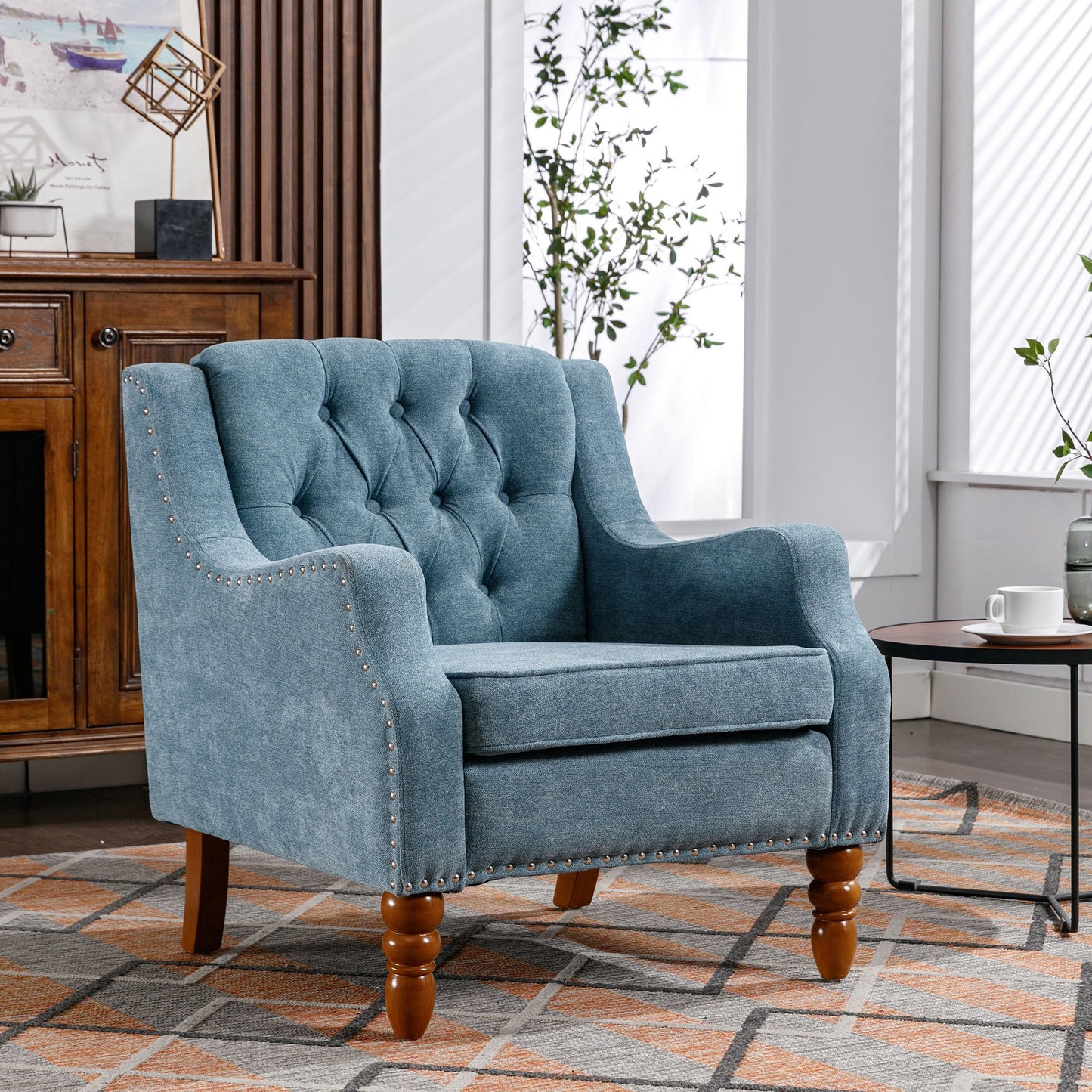 Blue Accent Chair, Living Room Chair, Footrest Chair Set with Vintage Brass Studs, Button Tufted Upholstered Armchair for Living Room, Comfy Reading Chair for Bedroom, Reception Room