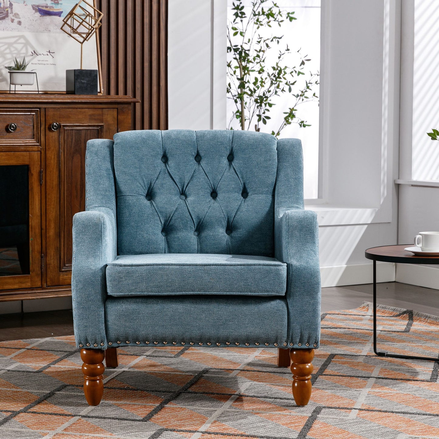 Blue Accent Chair, Living Room Chair, Footrest Chair Set with Vintage Brass Studs, Button Tufted Upholstered Armchair for Living Room, Comfy Reading Chair for Bedroom, Reception Room