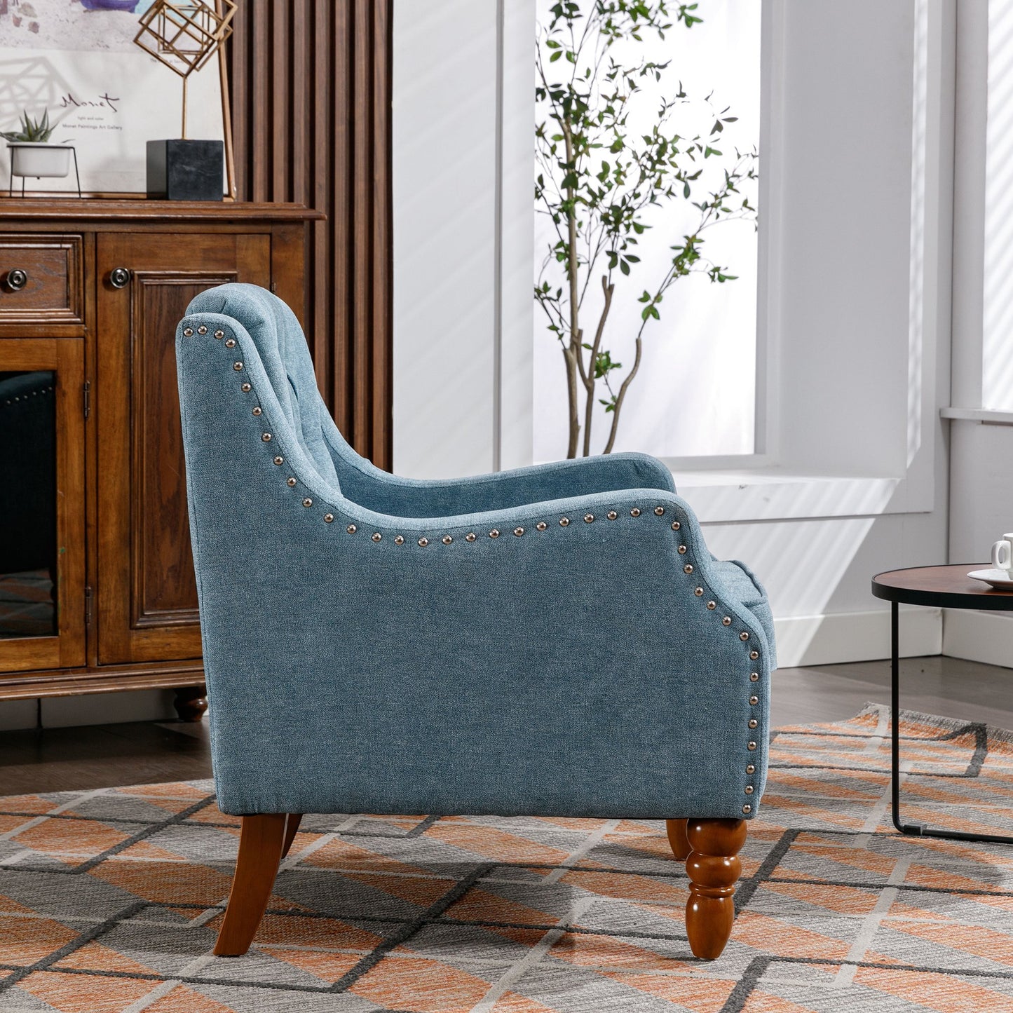 Blue Accent Chair, Living Room Chair, Footrest Chair Set with Vintage Brass Studs, Button Tufted Upholstered Armchair for Living Room, Comfy Reading Chair for Bedroom, Reception Room