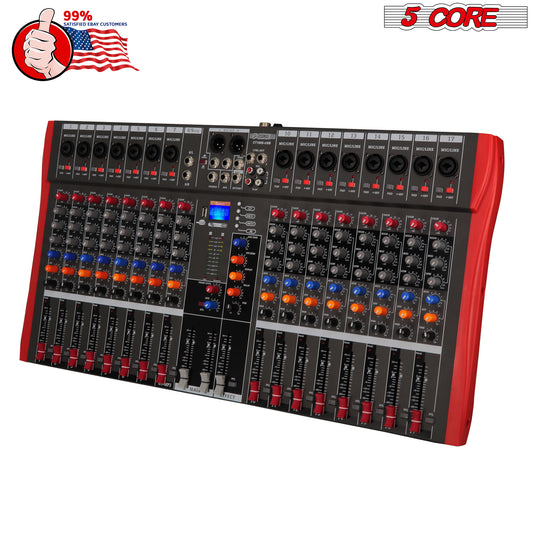 5 Core Audio Mixer 16 Channel DJ Mixing Board Professional Bluetooth USB Analog Mezclador De Audio w Phantom Power Rackmount Console for Live Recording Podcast Karaoke - MX 16CH