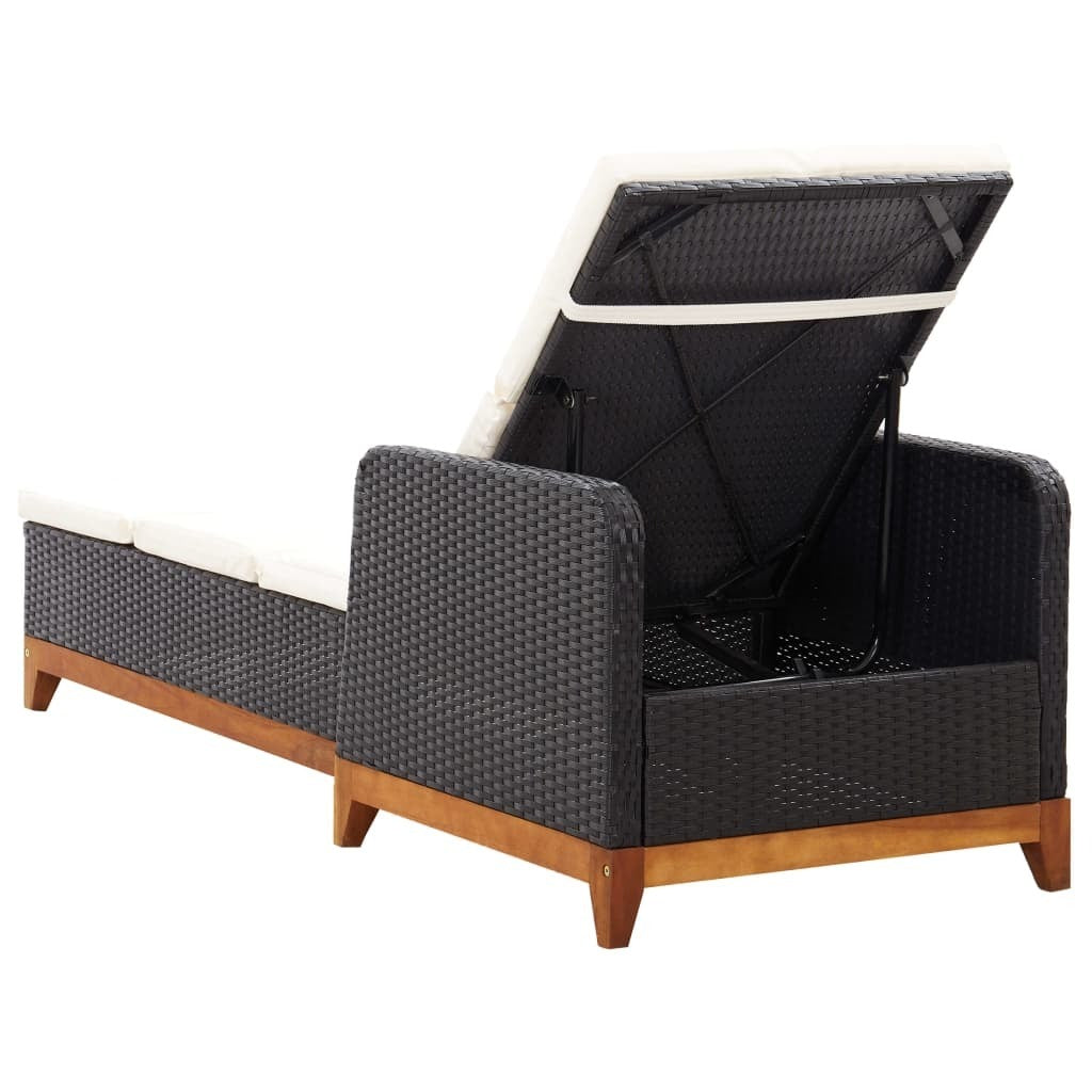 Sun Lounger Poly Rattan and Solid Acacia Wood Black