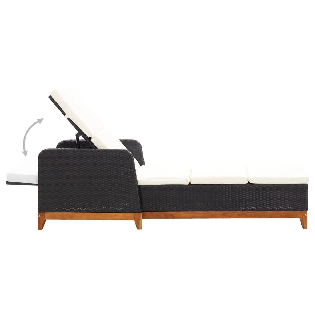 Sun Lounger Poly Rattan and Solid Acacia Wood Black