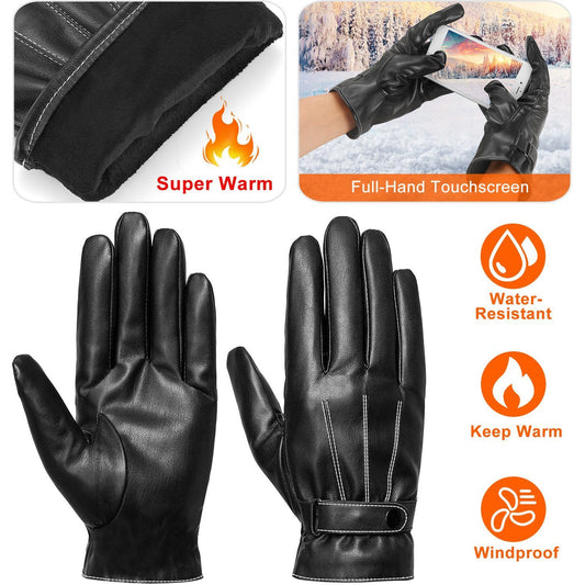 Men's Leather Winter Gloves Touchscreen Outdoor Windproof Cycling Skiing Warm Gloves