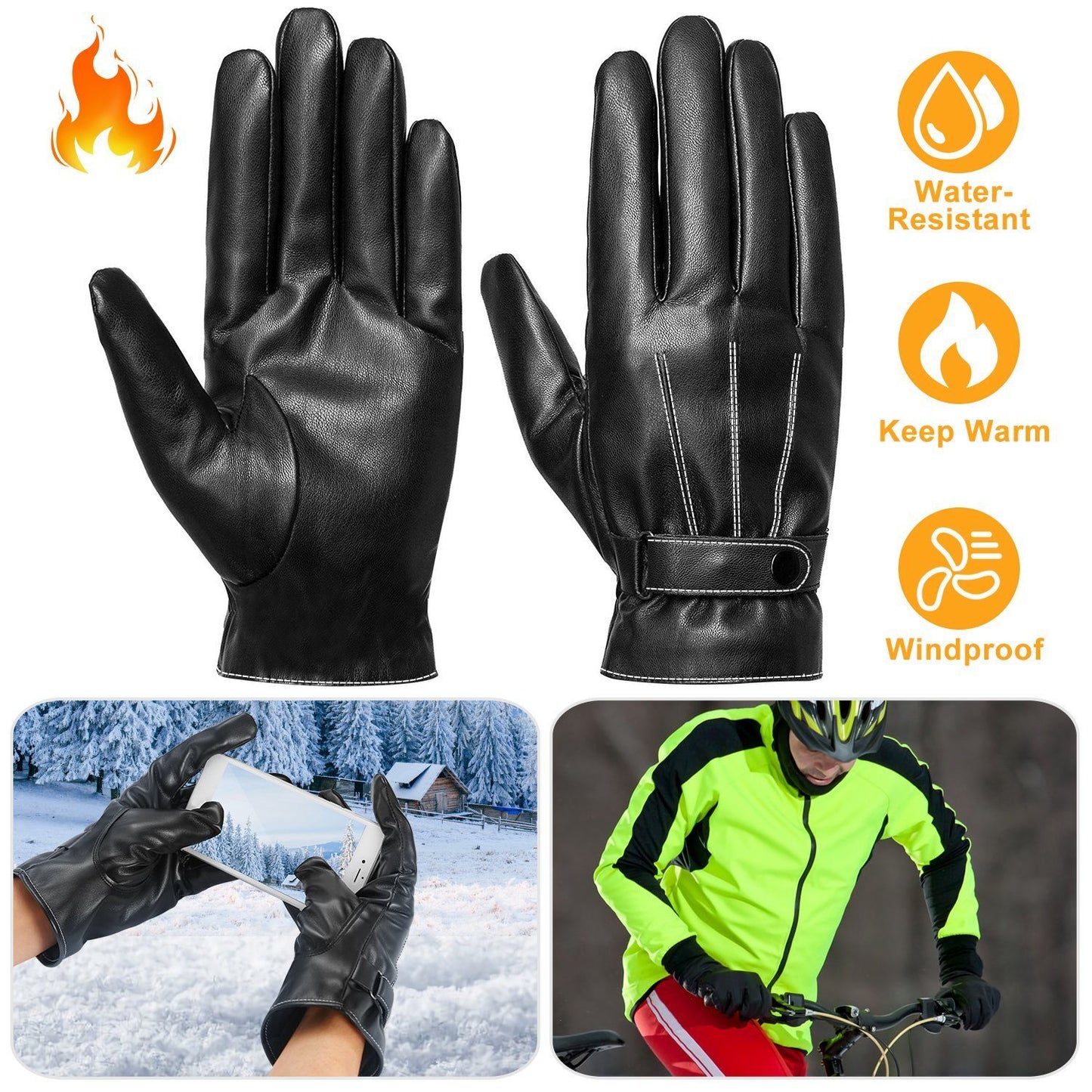 Men's Leather Winter Gloves Touchscreen Outdoor Windproof Cycling Skiing Warm Gloves