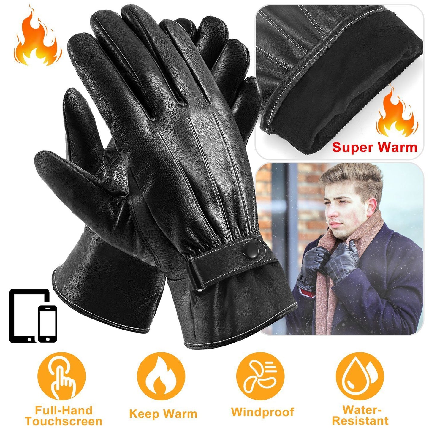 Men's Leather Winter Gloves Touchscreen Outdoor Windproof Cycling Skiing Warm Gloves