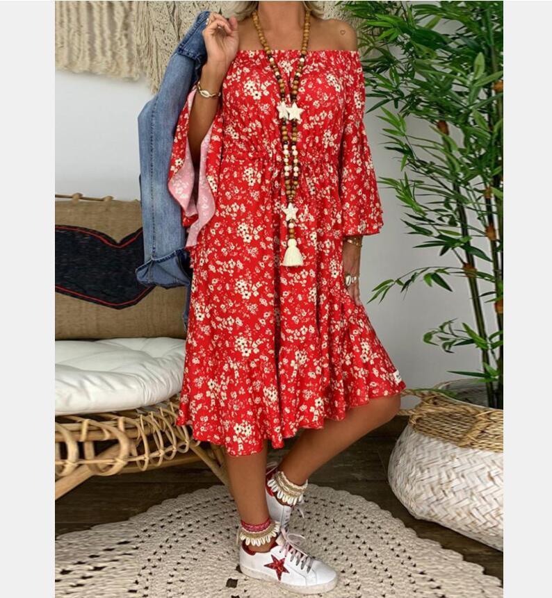 Autumn Summer Print Loose-neck Collar Dress Nine-point Sleeve