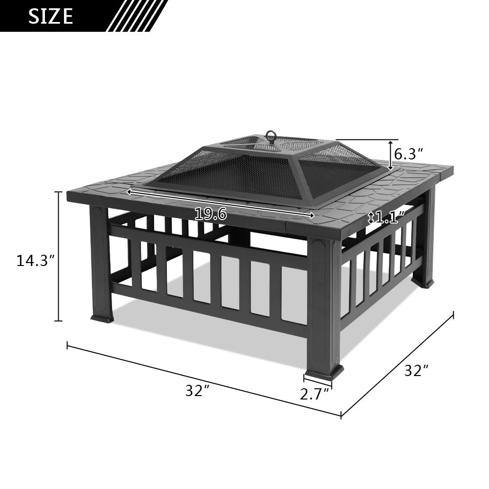 32 Inch Heavy Duty 3 in 1 Metal Square Patio Firepit Table BBQ Garden Stove with Spark Screen Cover Log Grate and Poker for Outside Wood Burning and Drink Cooling