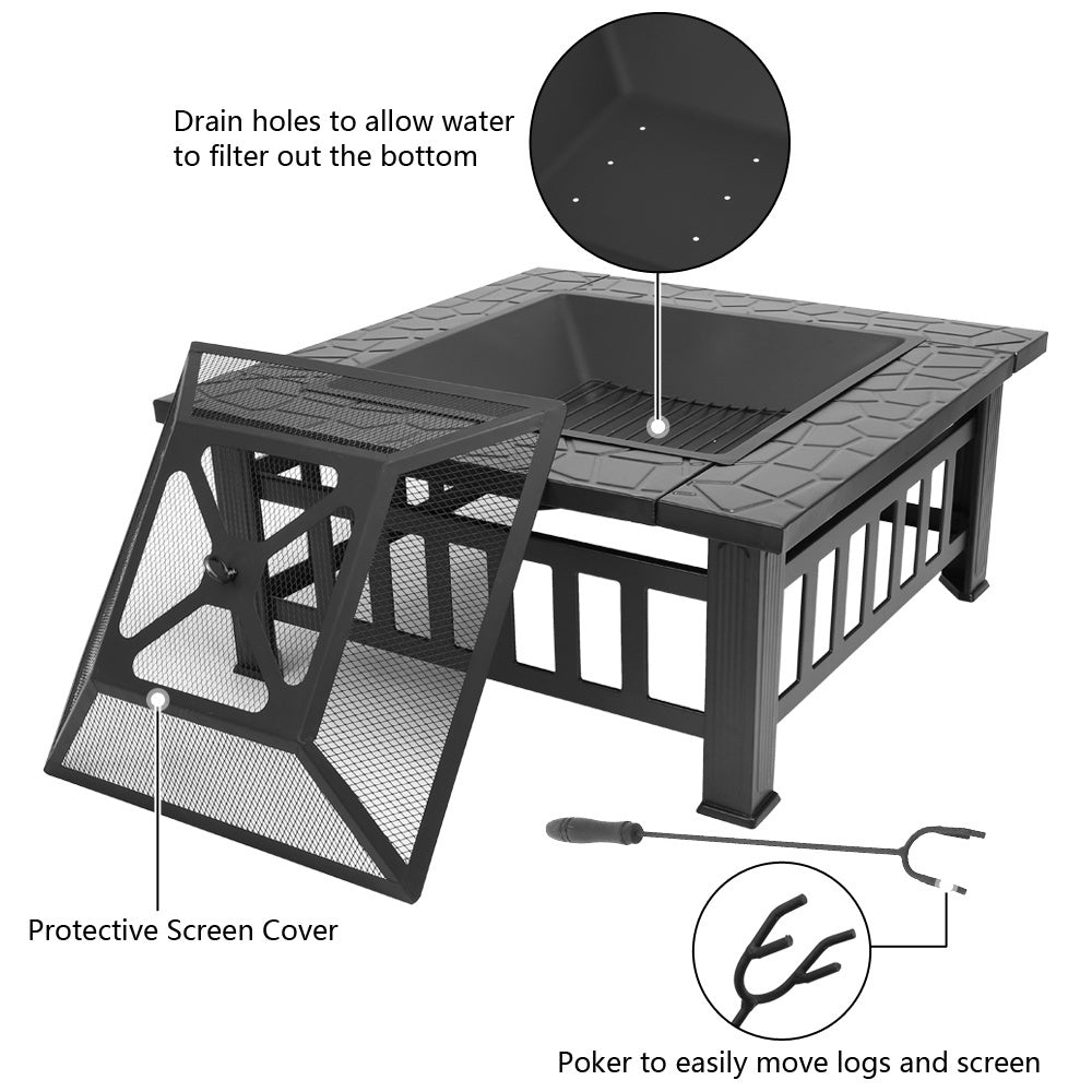 32 Inch Heavy Duty 3 in 1 Metal Square Patio Firepit Table BBQ Garden Stove with Spark Screen Cover Log Grate and Poker for Outside Wood Burning and Drink Cooling