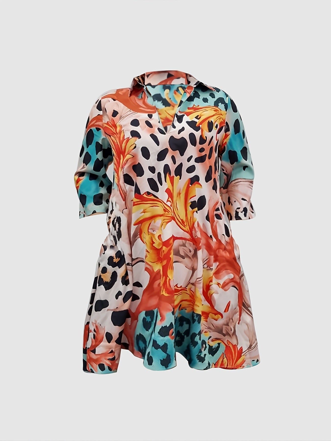 Plus Size Random Print V Neck Turn Down Collar Shirt Dress; Women's Plus Slight Stretch Casual Shirt Dress