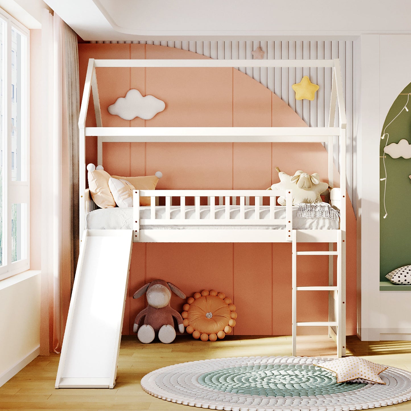 Twin Loft Bed with Slide, House Bed with Slide,White(OLD SKU :LT000212AAK)