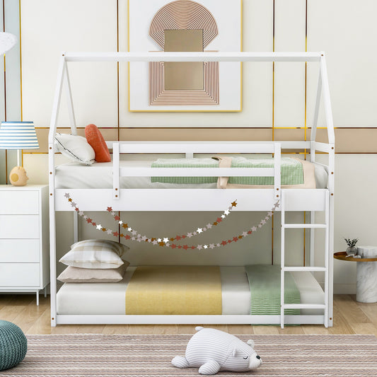 Twin over Twin Low Bunk Bed, House Bed with Ladder , White(OLD SKU:WF197808AAK)