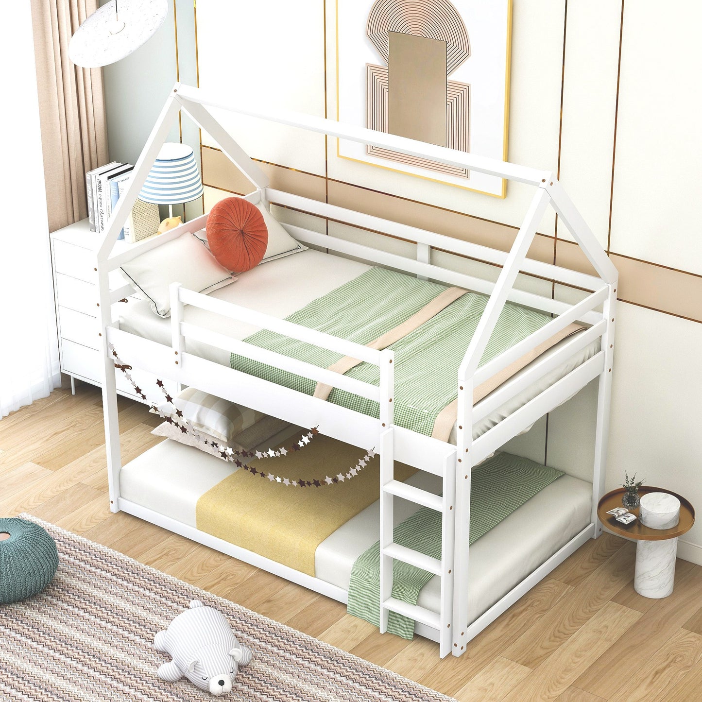 Twin over Twin Low Bunk Bed, House Bed with Ladder , White(OLD SKU:WF197808AAK)