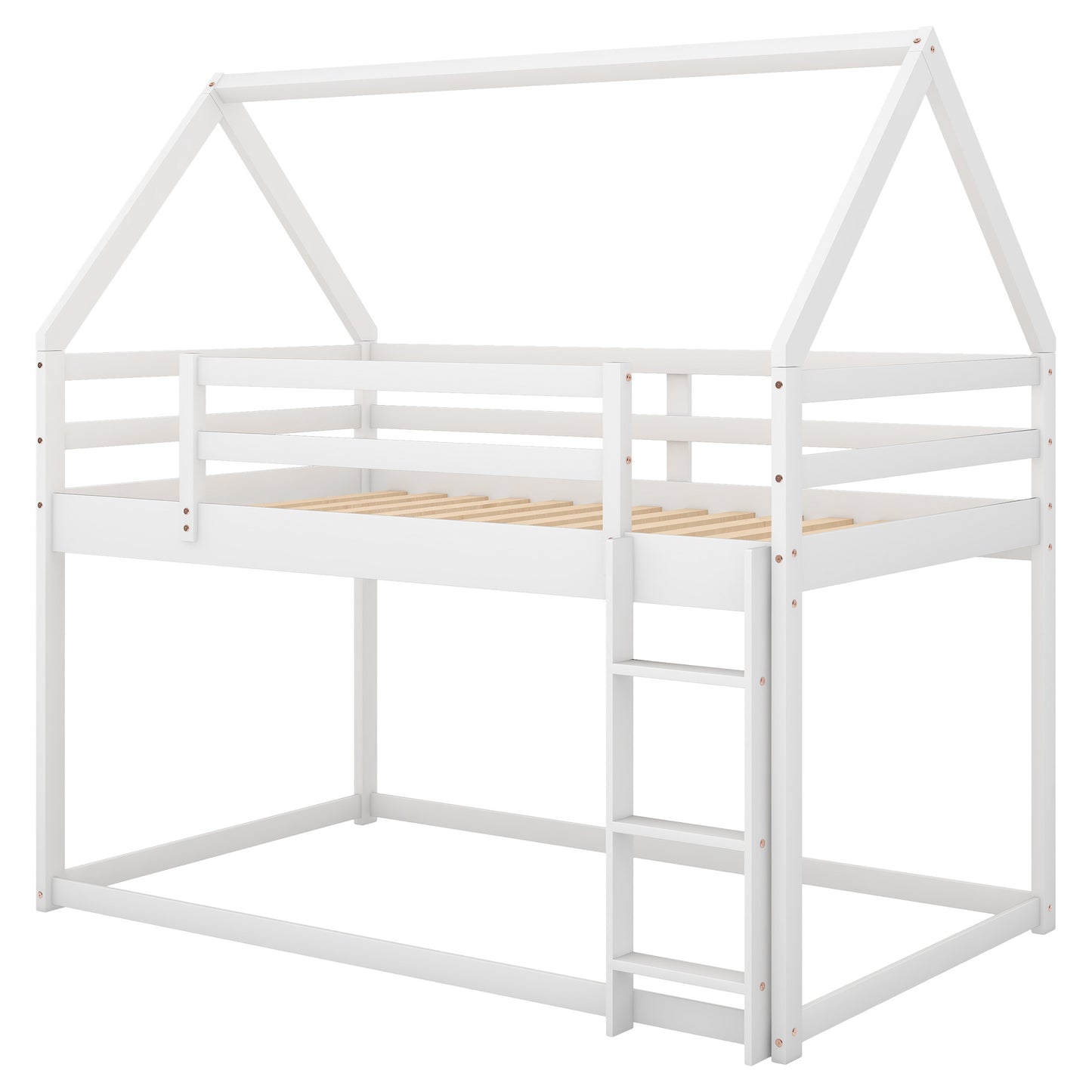 Twin over Twin Low Bunk Bed, House Bed with Ladder , White(OLD SKU:WF197808AAK)