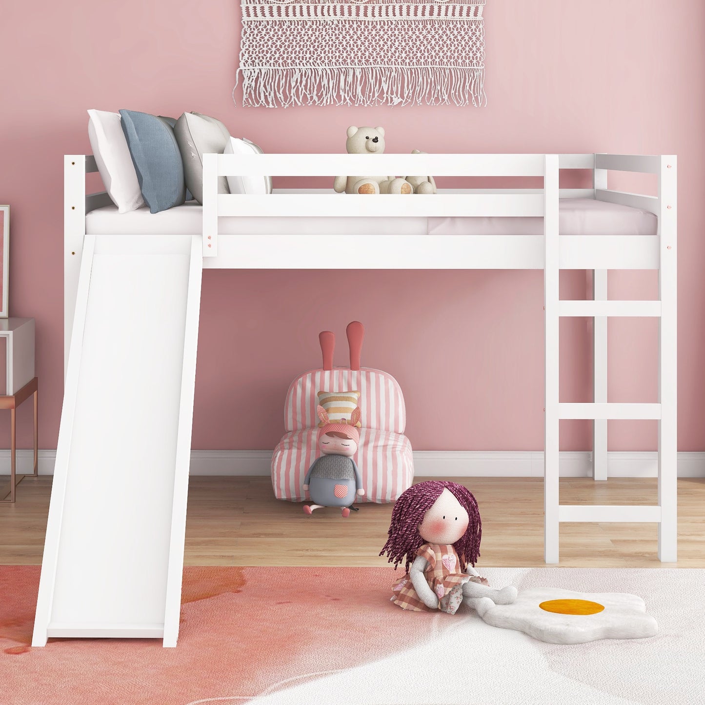 Loft Bed with Slide, Multifunctional Design, Full (White)(OLD SKU :WF281157AAK)