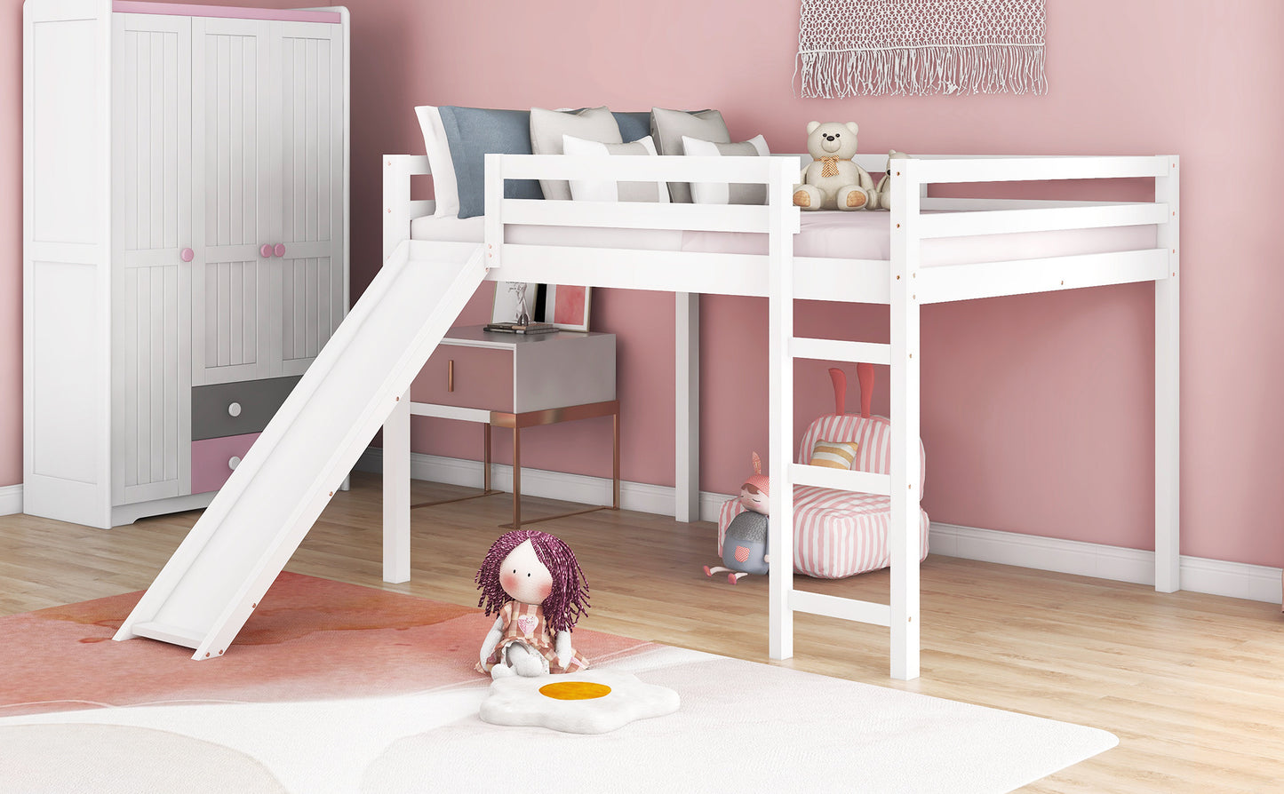 Loft Bed with Slide, Multifunctional Design, Full (White)(OLD SKU :WF281157AAK)