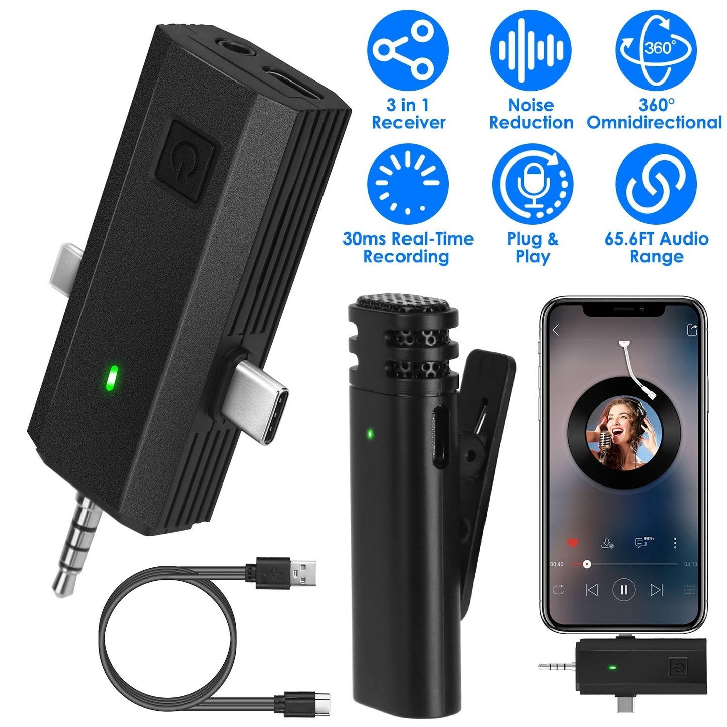 3 in 1 Wireless Clip On Microphone Omnidirectional Mic Noise Reduction Plug and Play