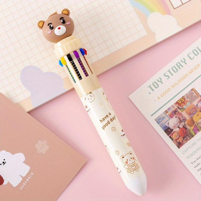 10-color Cartoon Ballpoint Pen Bear Press Color Pen Student Stationery Marker Pen Holiday Small Gift