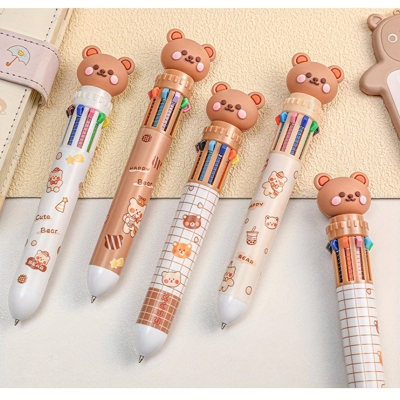 10-color Cartoon Ballpoint Pen Bear Press Color Pen Student Stationery Marker Pen Holiday Small Gift