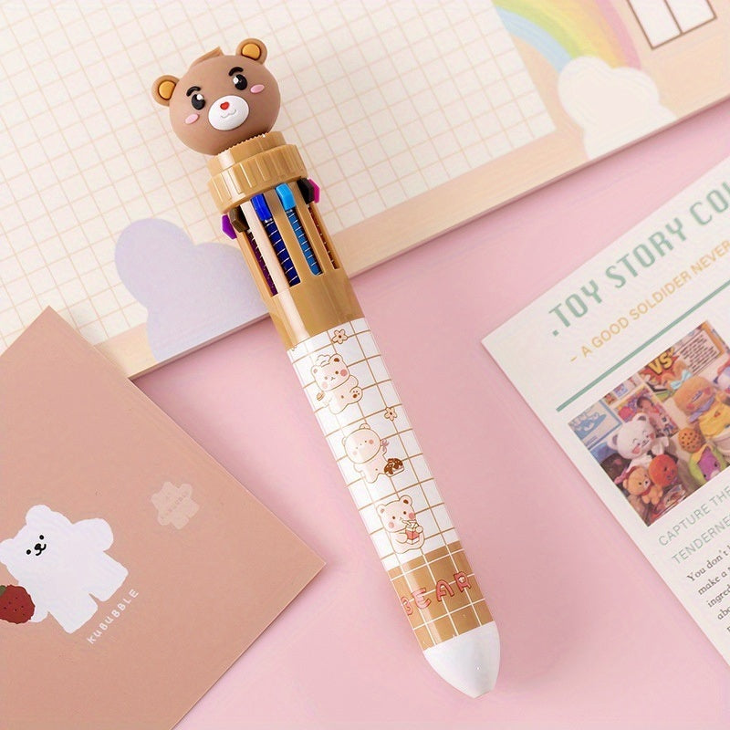 10-color Cartoon Ballpoint Pen Bear Press Color Pen Student Stationery Marker Pen Holiday Small Gift