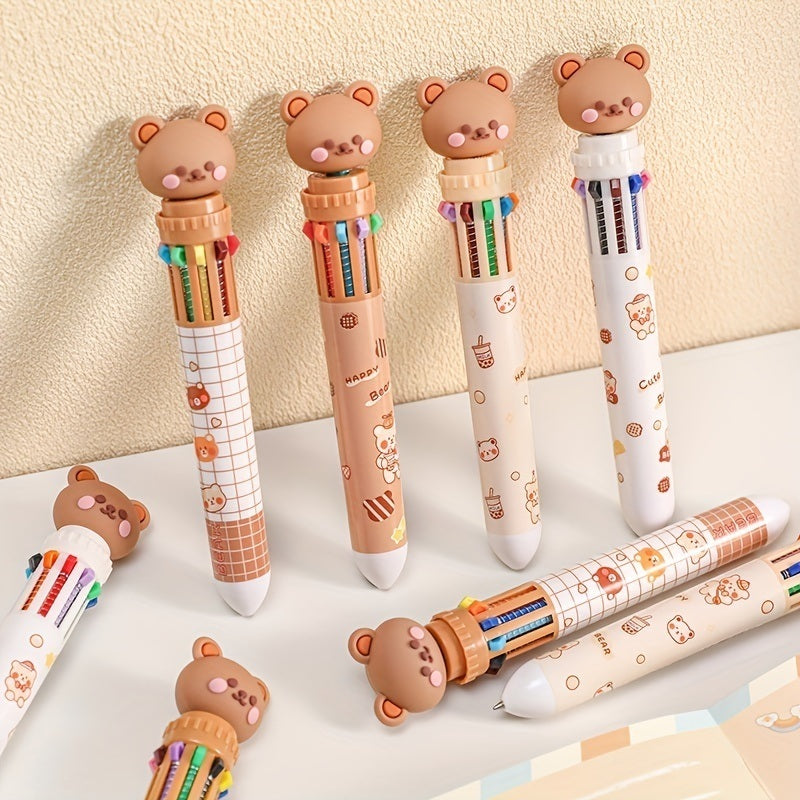 10-color Cartoon Ballpoint Pen Bear Press Color Pen Student Stationery Marker Pen Holiday Small Gift