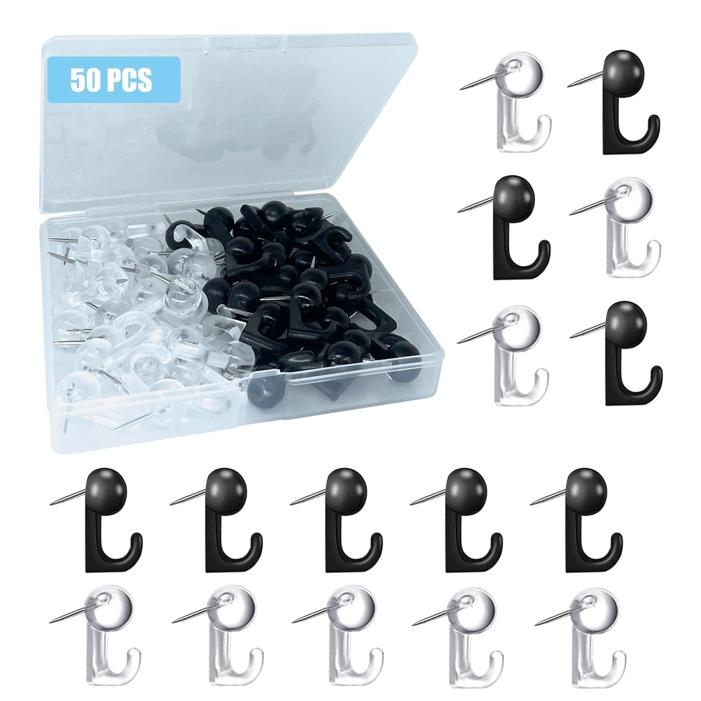 50 PCS Push Pin Hooks, Plastic Heads Cork Board Hooks Decorative Thumb Tacks Hook For Photo Wall, Bulletin Board, Home Wall, Home Office School Supplies (Black And Clear)