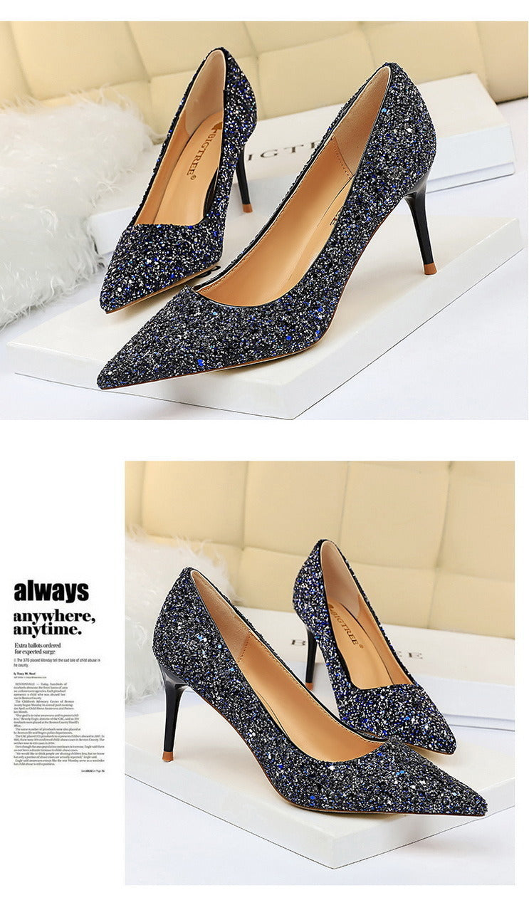 Women's Pumps; Sexy women's high-heeled shoes; women's shoes; thin heel high-heeled fashion shining sequins single shoes