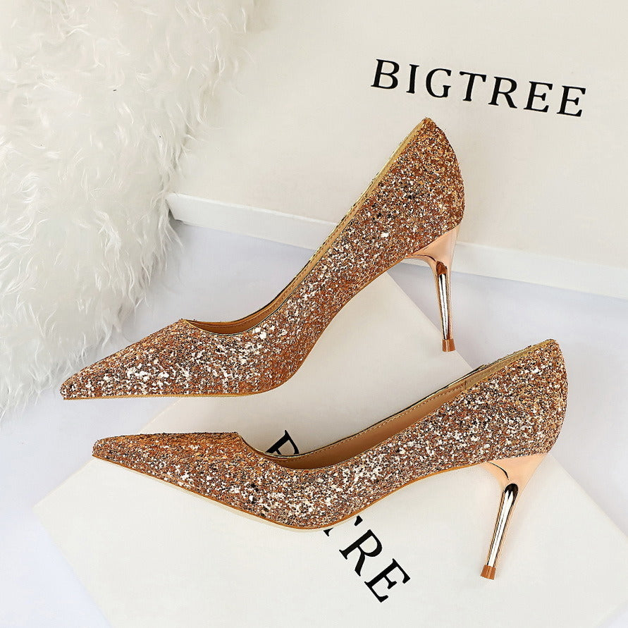 Women's Pumps; Sexy women's high-heeled shoes; women's shoes; thin heel high-heeled fashion shining sequins single shoes