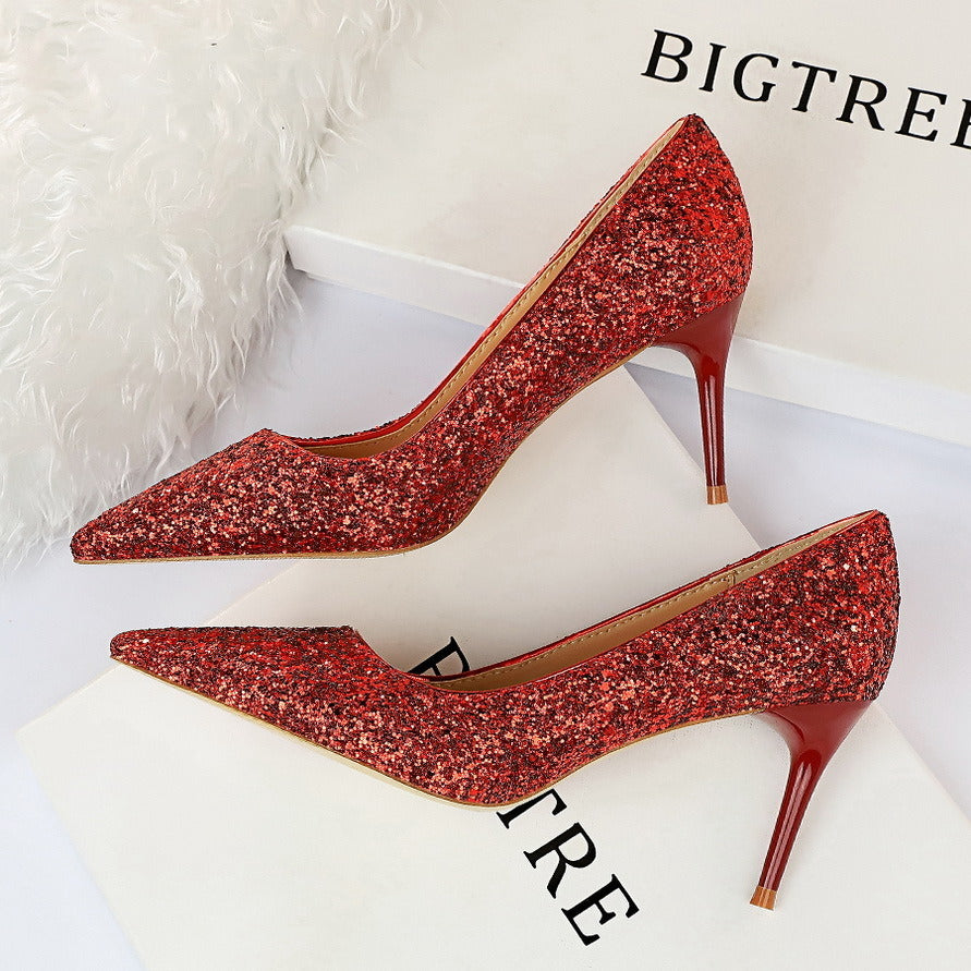 Women's Pumps; Sexy women's high-heeled shoes; women's shoes; thin heel high-heeled fashion shining sequins single shoes