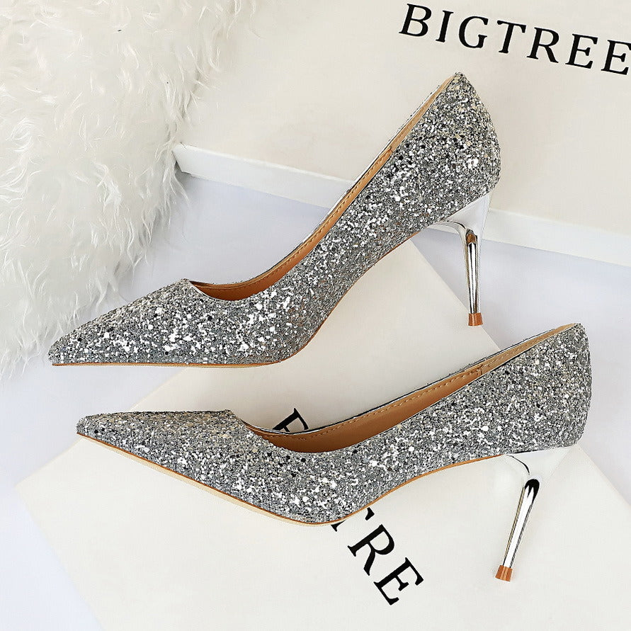 Women's Pumps; Sexy women's high-heeled shoes; women's shoes; thin heel high-heeled fashion shining sequins single shoes