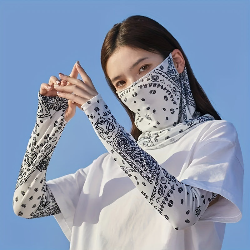 Sun Screen Cooling Arm Sleeves & Mask Bandana With Ear Loops; Touch Screen UV Protection Cooling Gloves